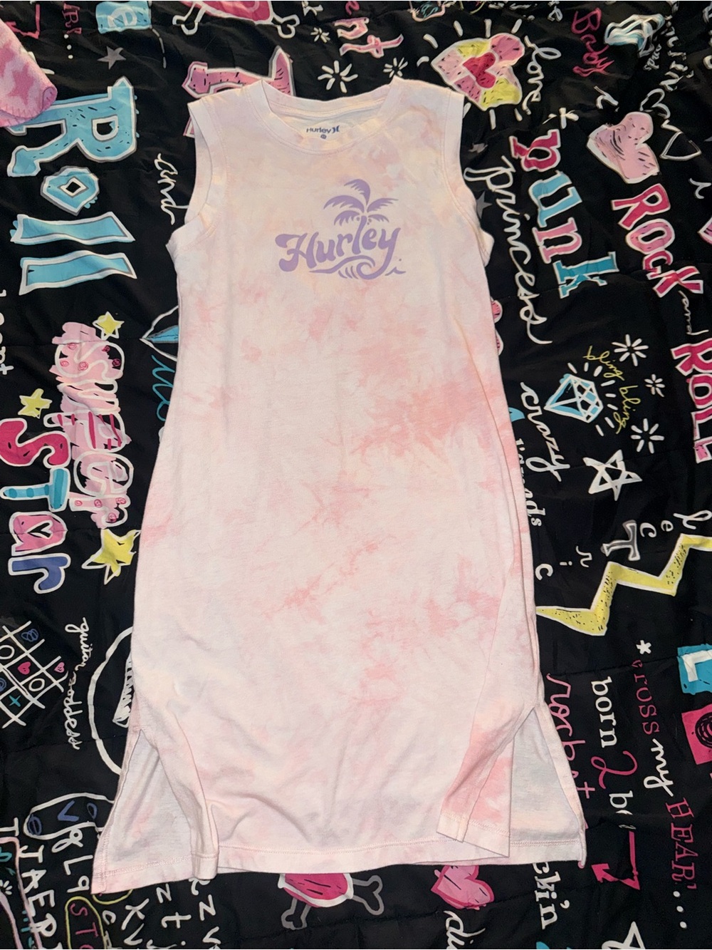 Pink tie-dye Hurley dress with slits on side midi with purple palm tree graphic